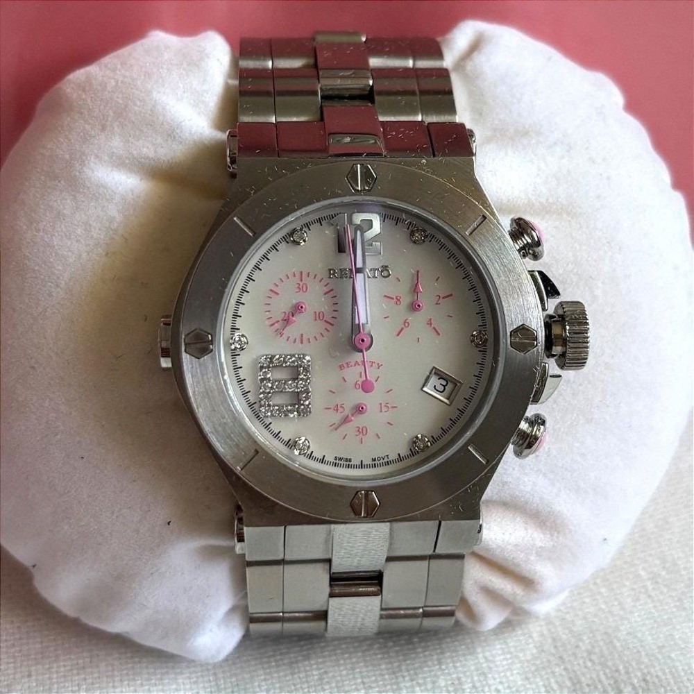 Renato Beauty Chronograph Swiss Movt White Pink Dial Crystal Women's Watch Date - Picture 2 of 10